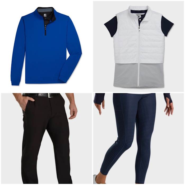 FootJoy's mid-layer paired with pants is a sharp look, while the insulated vest with leggings is a sporty look for women.
